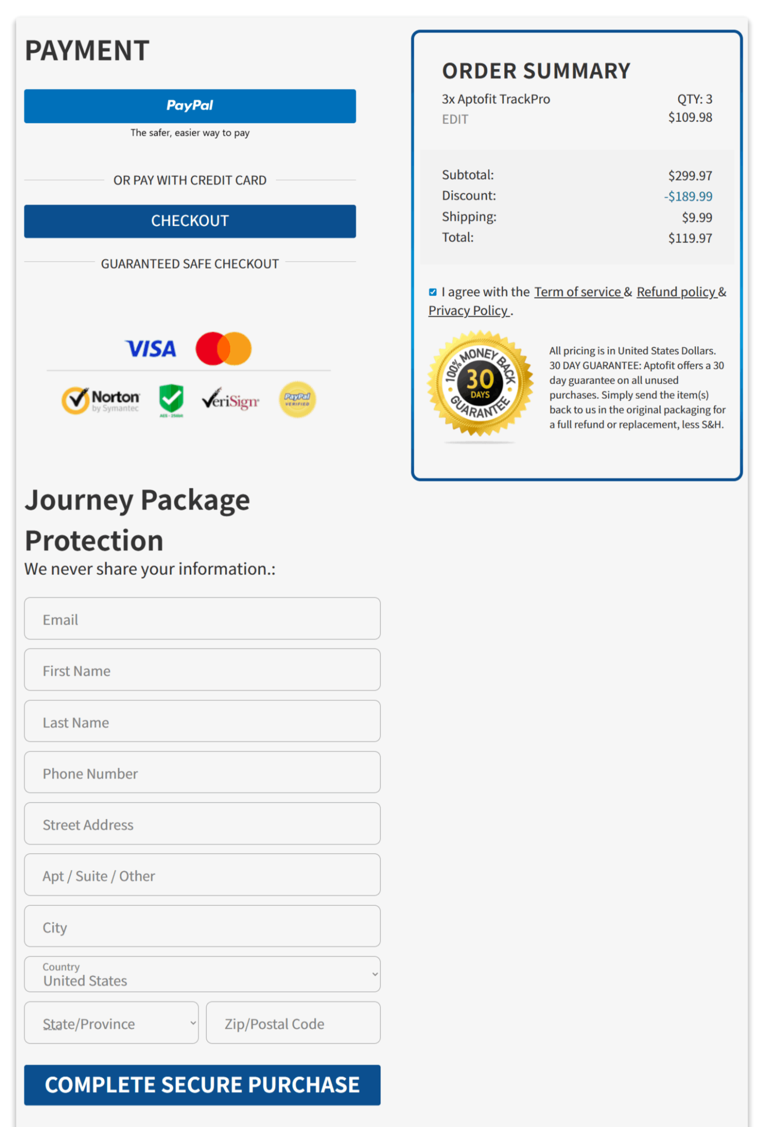 Aptofit TrackPro secure checkout page